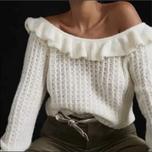 Anthropologie - White Ruffle Boat Neck Knit Sweater- Size M